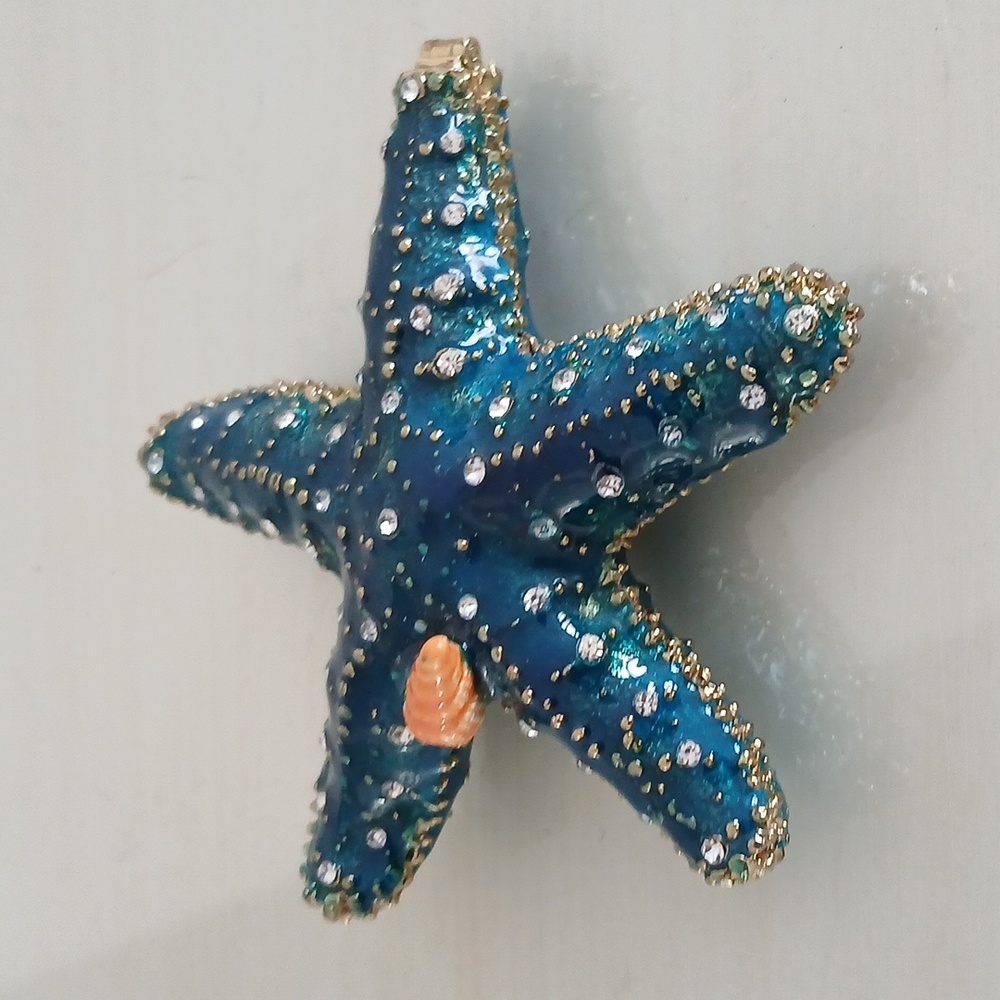 Blue Jeweled Enamel Starfish Trinket Box 3.25"
